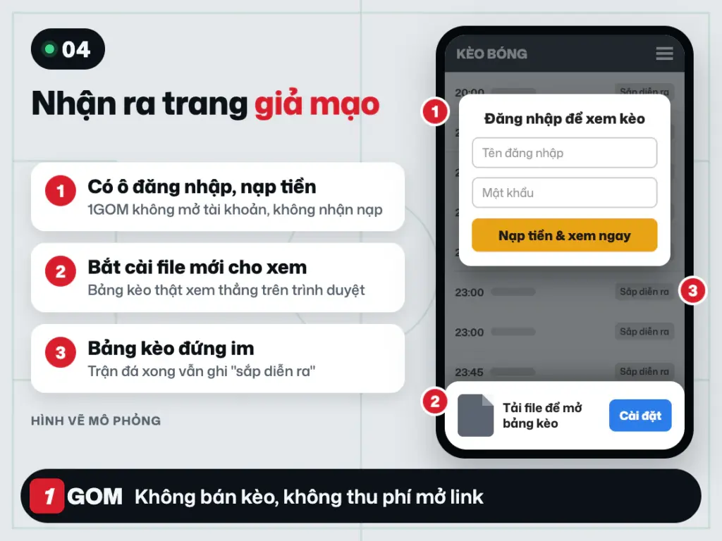 Trang giả mạo 1GOM đòi đăng nhập và cài file trước khi cho xem kèo