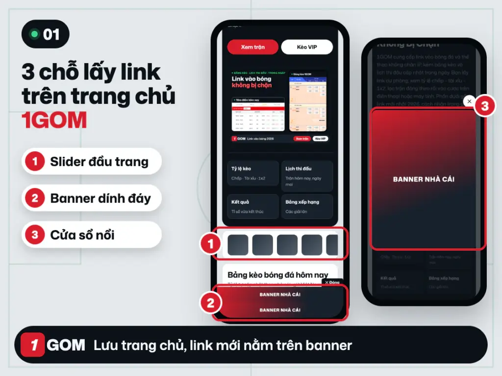 Slider, banner đáy và cửa sổ nổi chứa link vào bóng trên trang chủ 1GOM